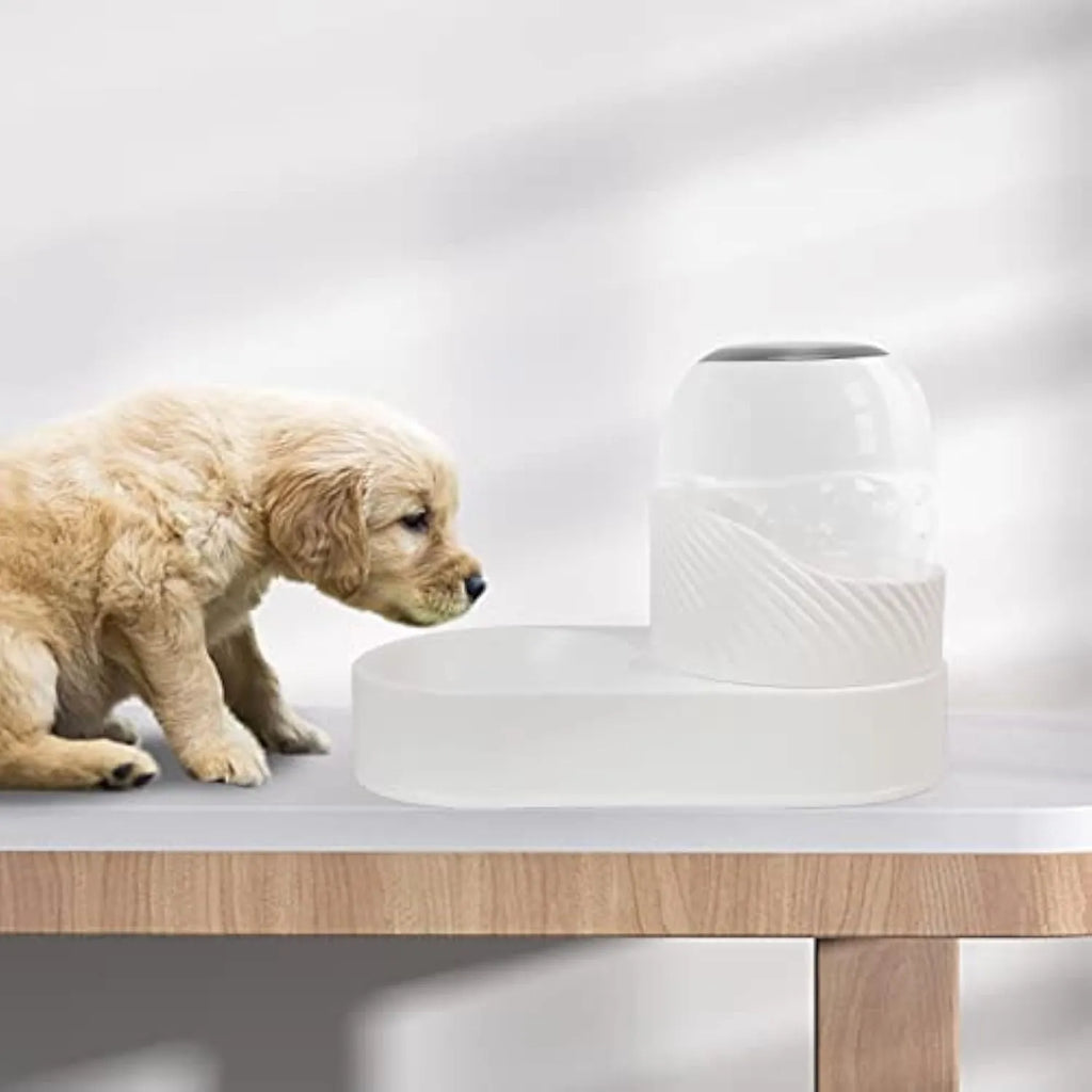 White automatic cat feeder and water dispenser set with wave-shaped design.
