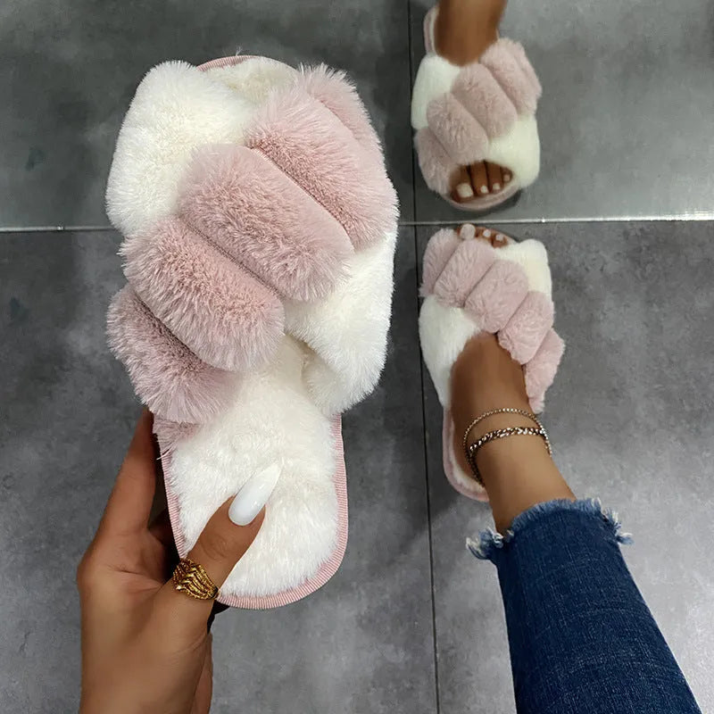 Women's furry open toe slippers with plush upper and TPR sole in green