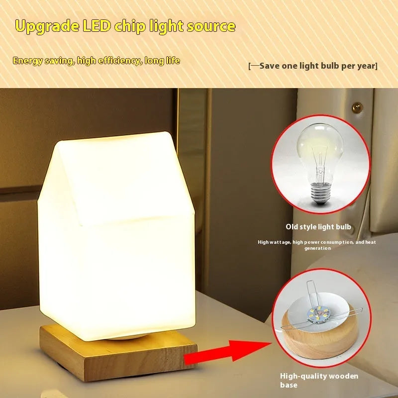 Nordic solid wood USB table lamp in cube style with touch dimming control on wooden desk