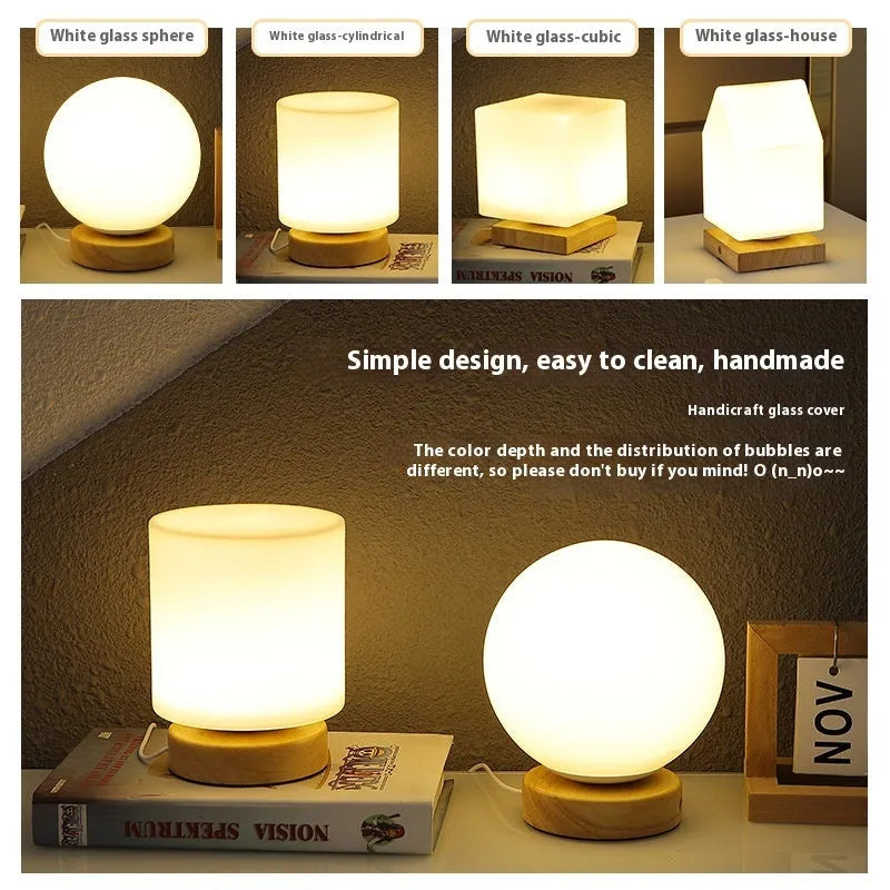 Nordic solid wood USB table lamp in cube style with touch dimming control on wooden desk
