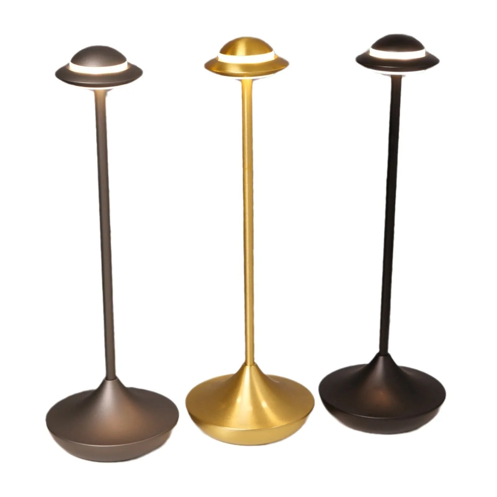 Modern UFO-shaped metal table lamp in black, gold, or grey with touch dimming controls.