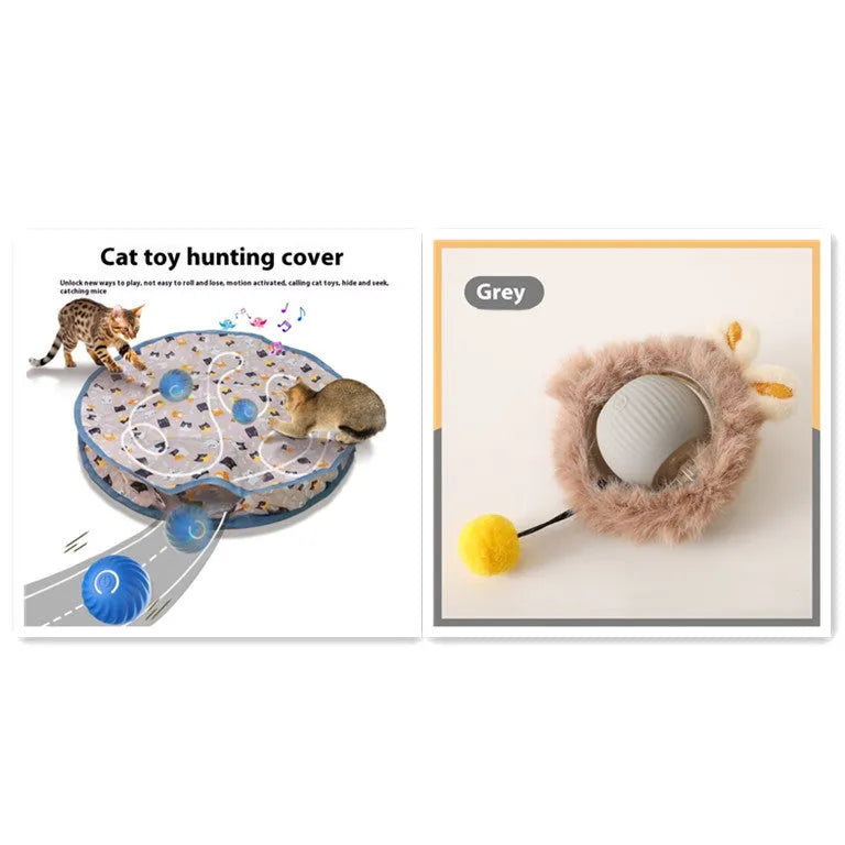 Silicone cat rolling ball toy in green, grey, red, and pink plush designs with optional rope attachment