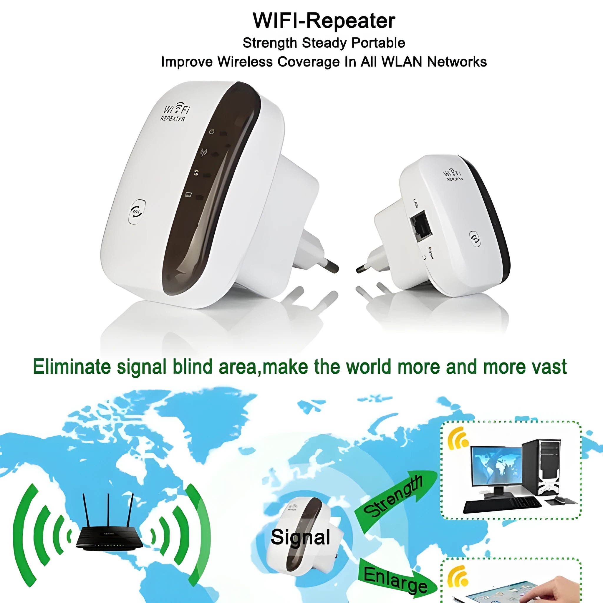 White and black wireless WiFi repeater with two antennas, 75x90mm, with UK plug