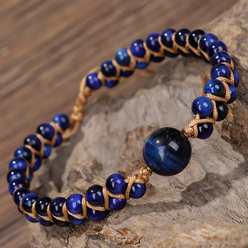 Handwoven geometric bracelet with genuine tigereye or amethyst stones and adjustable closure