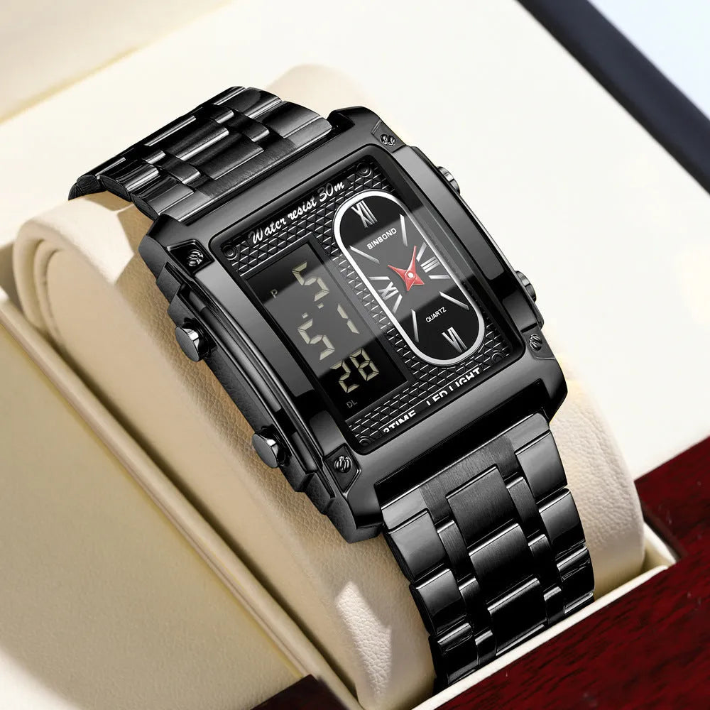Men's creative steel belt electronic watch with black steel surface and multi-functional display