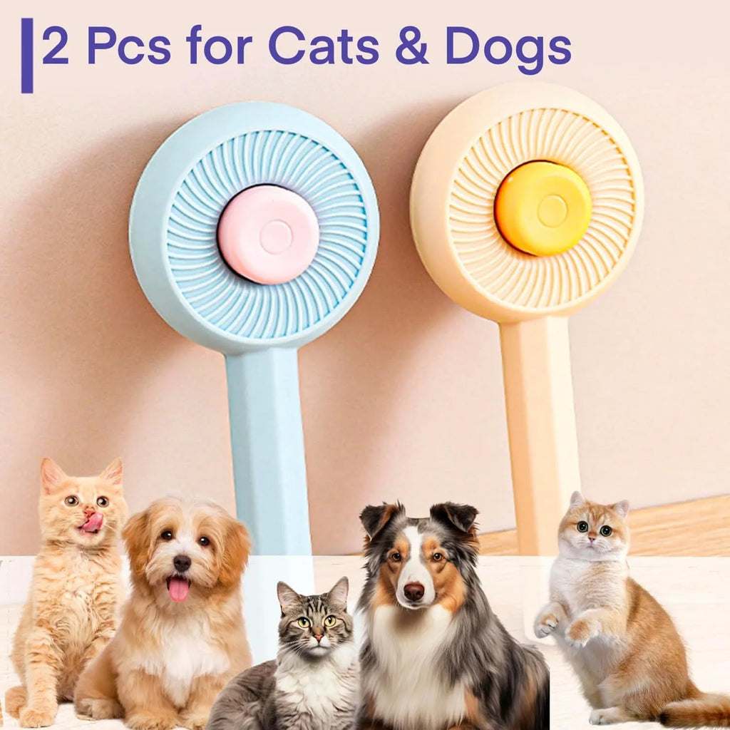 Blue and yellow pet grooming brush with self-cleaning button and angled wire needles