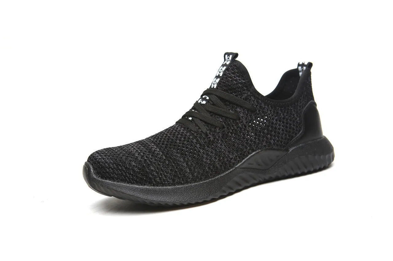Black low-cut steel toe cap safety work shoes with antistatic EVA sole.
