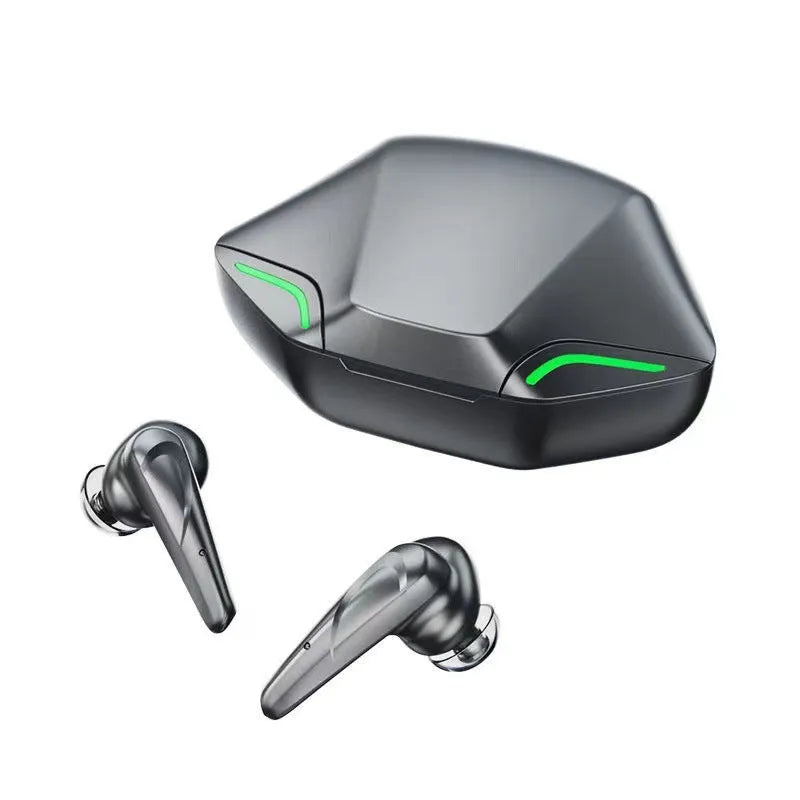 Black wireless Bluetooth gaming earbuds and a matching portable USB charging case on a grey background.