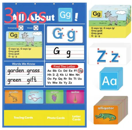 Alphabet learning chart with word cards, letter cards, and picture cards laid out for educational play.