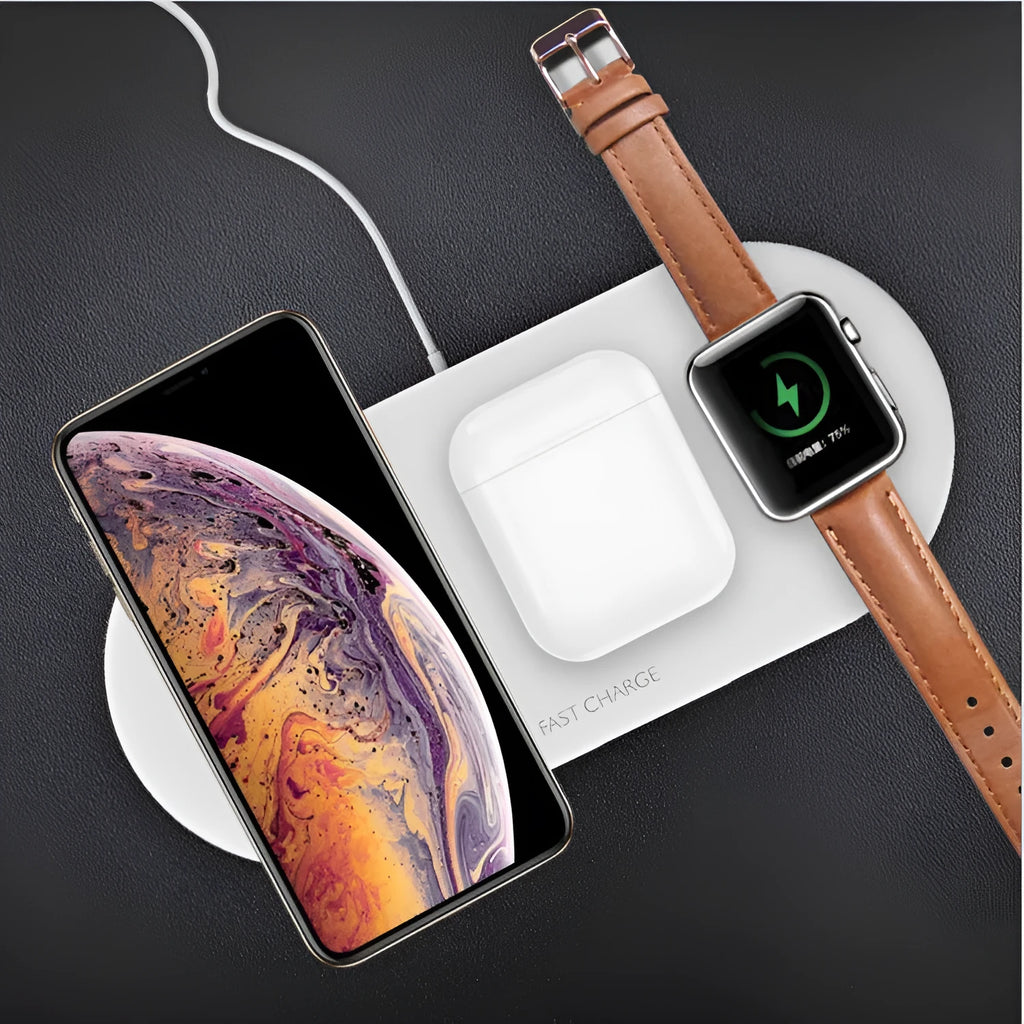 Black three-in-one desktop wireless charging station for iPhone, Apple Watch and wireless headphones.