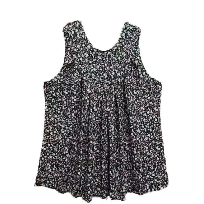 Black plus size floral print sleeveless vest with round neck on a mannequin.