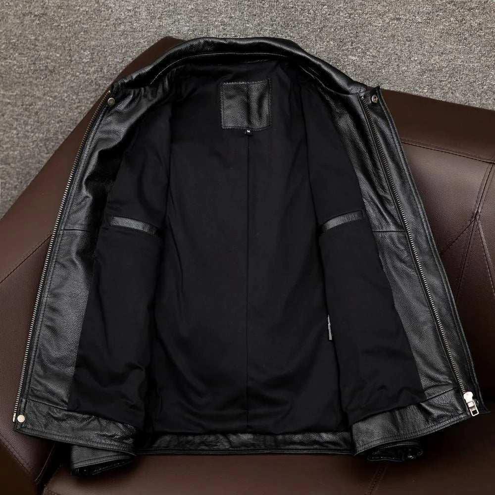 Men's black retro-style lapel short PU leather jacket with side pockets on a mannequin.