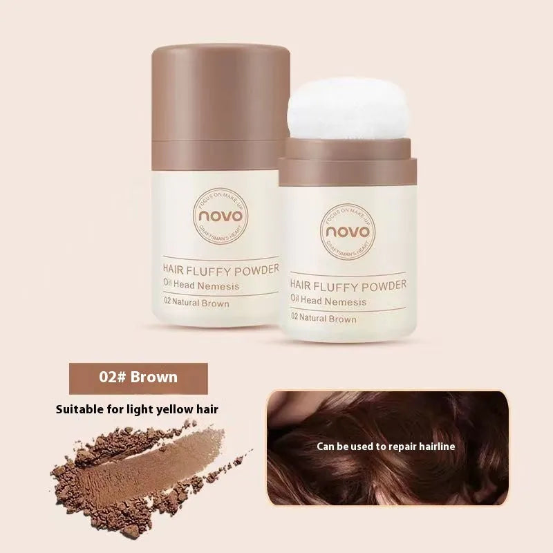 Oil control booster powder for face and bangs in three shade options: transparent, brown, and dark brown