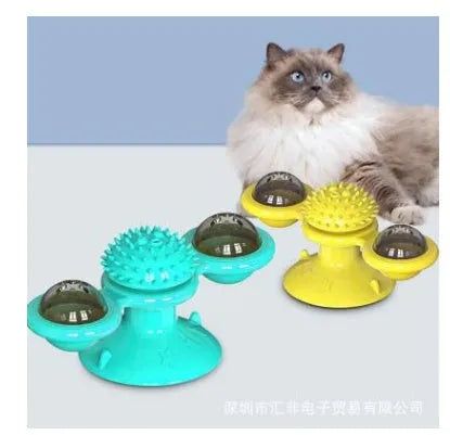 Cat rotating windmill toy with suction base on floor, two transparent bins, luminous ball, teeth grinding function, blue yellow green colour