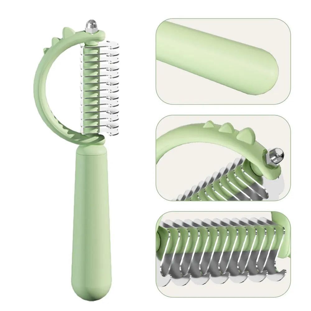 Dinosaur-shaped cat brush with stainless steel pins for self-cleaning pet grooming