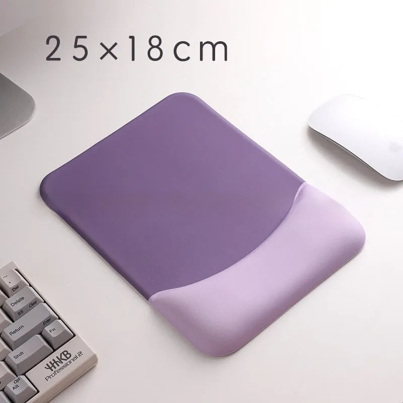 Square silica gel wrister mouse pad with cloth surface showing colour options including black, blue, pink and purple