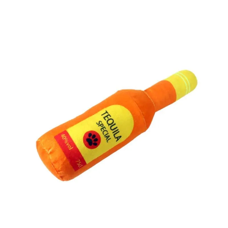 Plush wine bottle pet toy in assorted colours including green, orange, red, black and white.