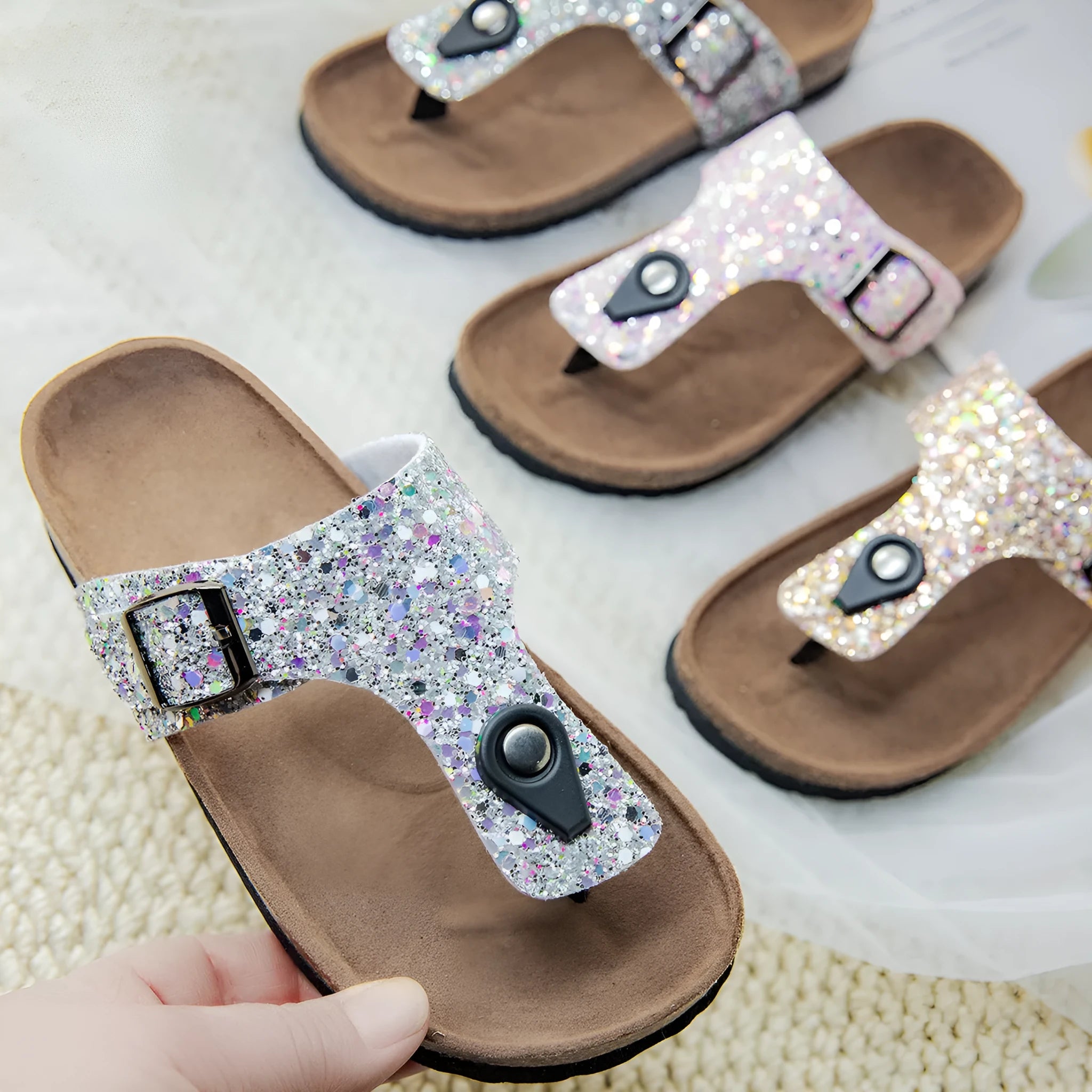 Cork flip-flops with frosted artificial leather upper and PVC sole in pink, silver, or gold colours