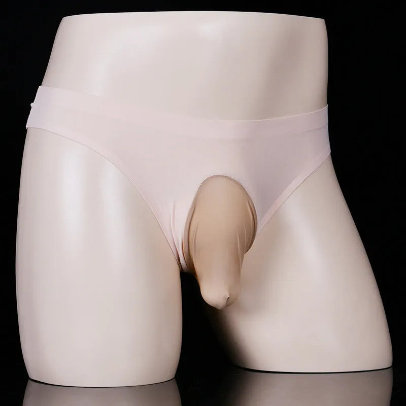 Ice silk men's underwear briefs in T-back design with open gun egg mould option on black background