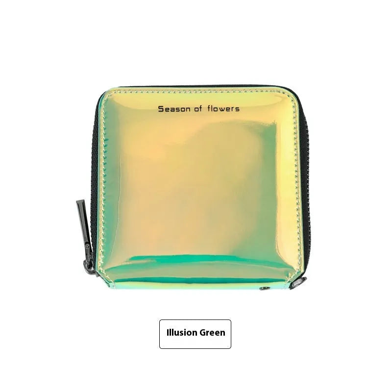 Women's short folding Korean-style wallet in glitter blue or green colours showing 11cm dimensions