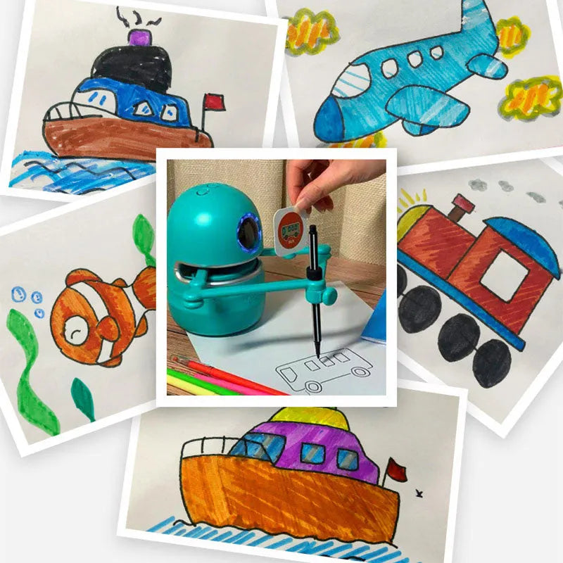 Painting robot for children with suction cup base and drawing cards on table