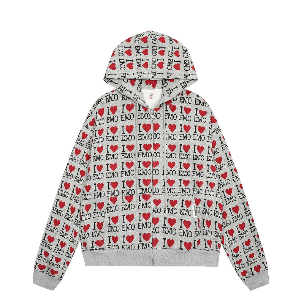 Women's melange grey cotton hooded cardigan with retro pattern showing long sleeves and street fashion styling