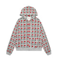Women's melange grey cotton hooded cardigan with retro pattern showing long sleeves and street fashion styling