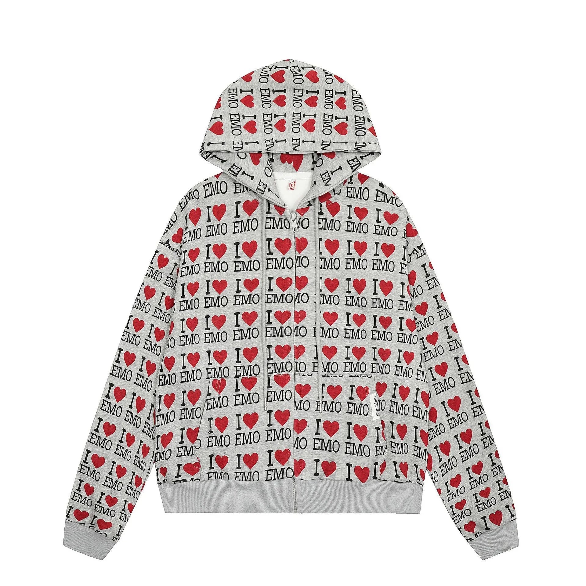 Women's melange grey cotton hooded cardigan with retro pattern showing long sleeves and street fashion styling