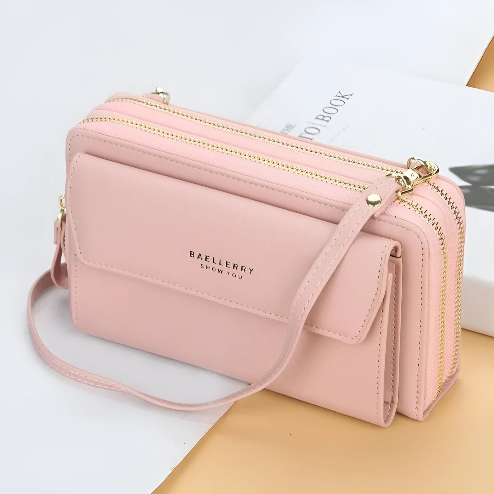 Ladies long wallet messenger bag in soft PU leather with double zipper and cross-body strap