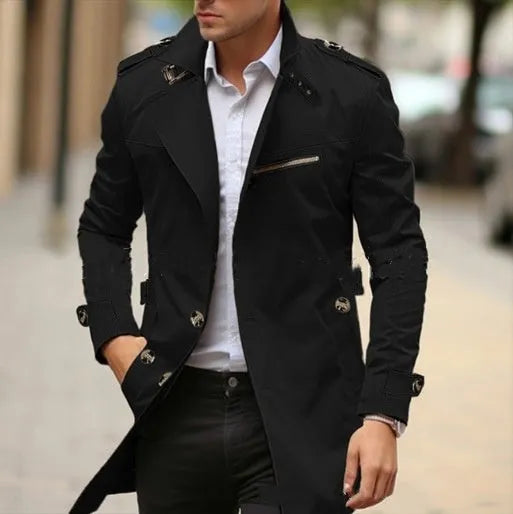 Plus size men's mid-length lapel jacket in army green with side seam pockets.
