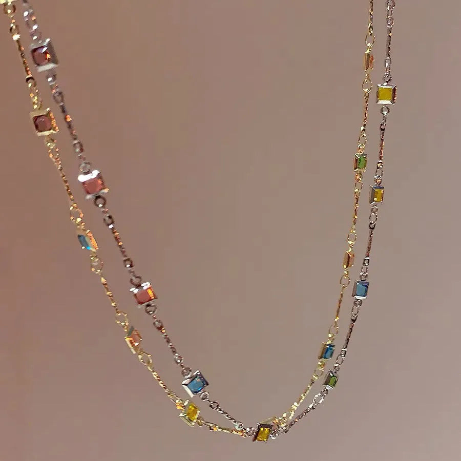 Square colour artificial crystal clavicle necklace with geometric design in gold finish