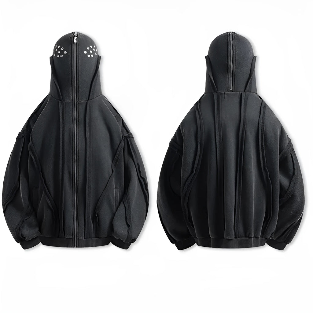 Black cotton padded cardigan coat with hooded design and abstract pattern