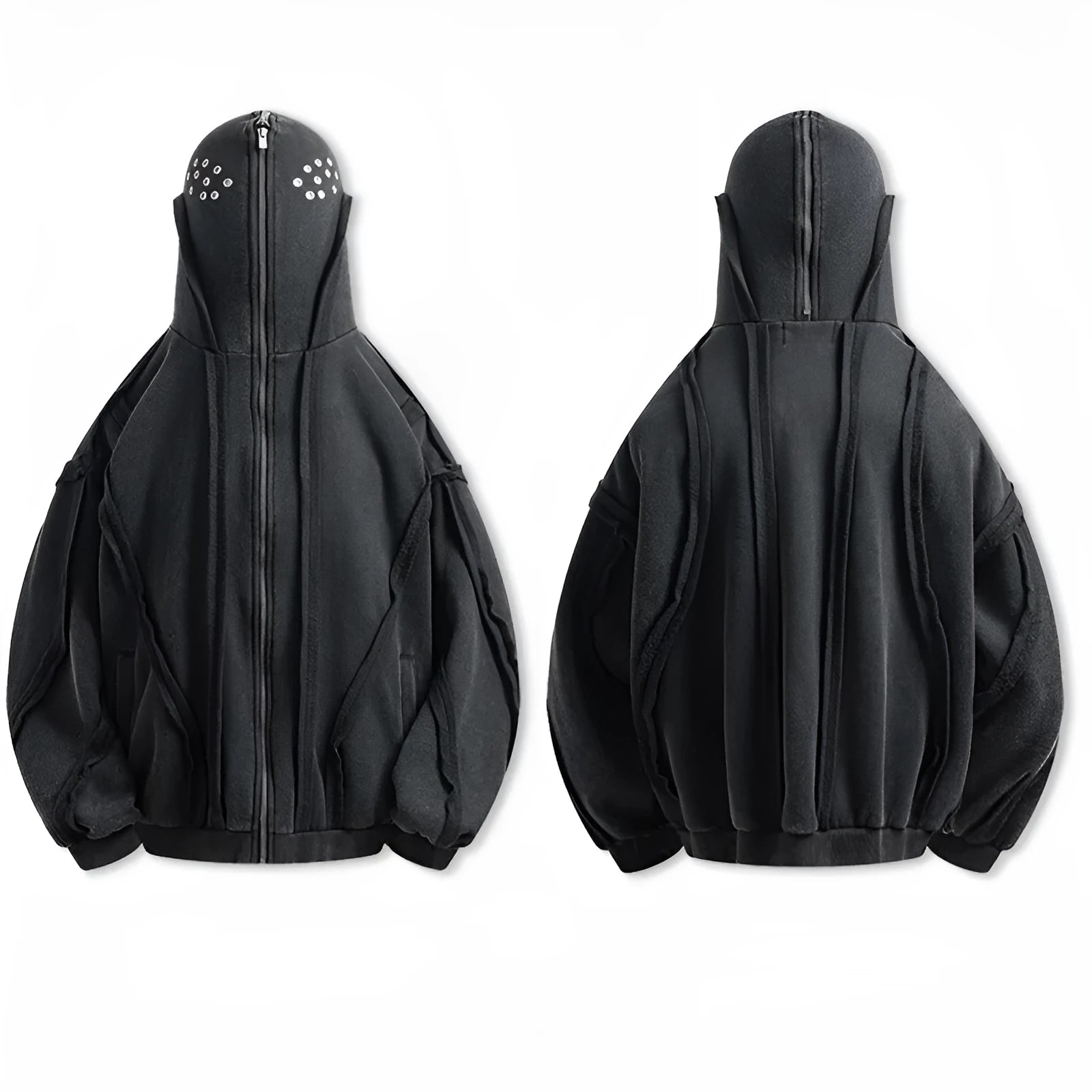 Black cotton padded cardigan coat with hooded design and abstract pattern