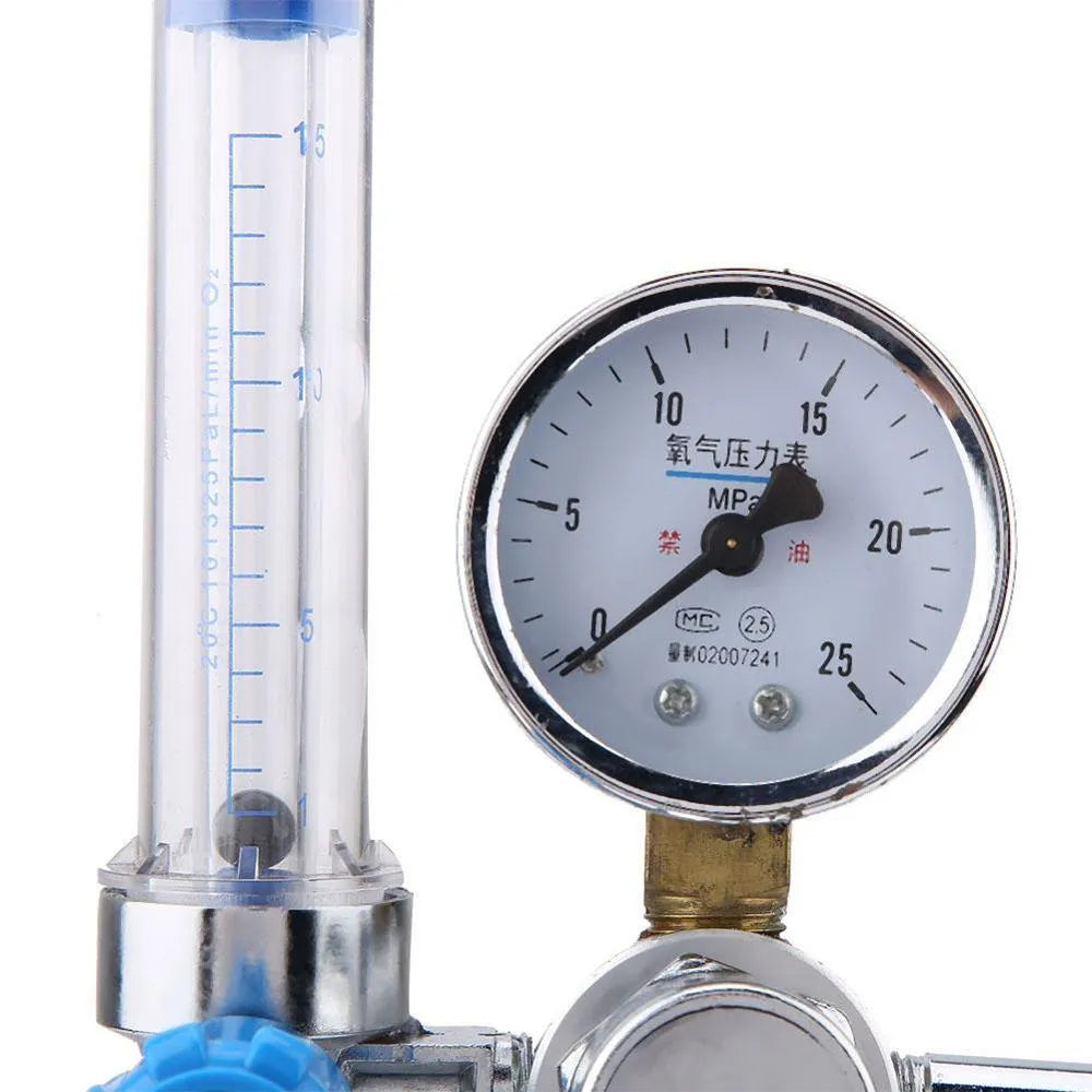 Blue oxygen cylinder pressure reducer with gauge and outlet for oxygen supply systems