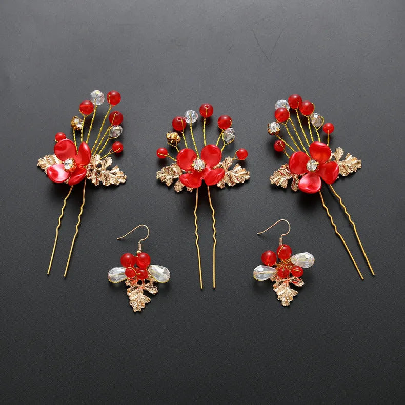 Costume jewelry set with wedding bride headdress and hair ornaments in metal alloy, faux pearls, and rhinestones