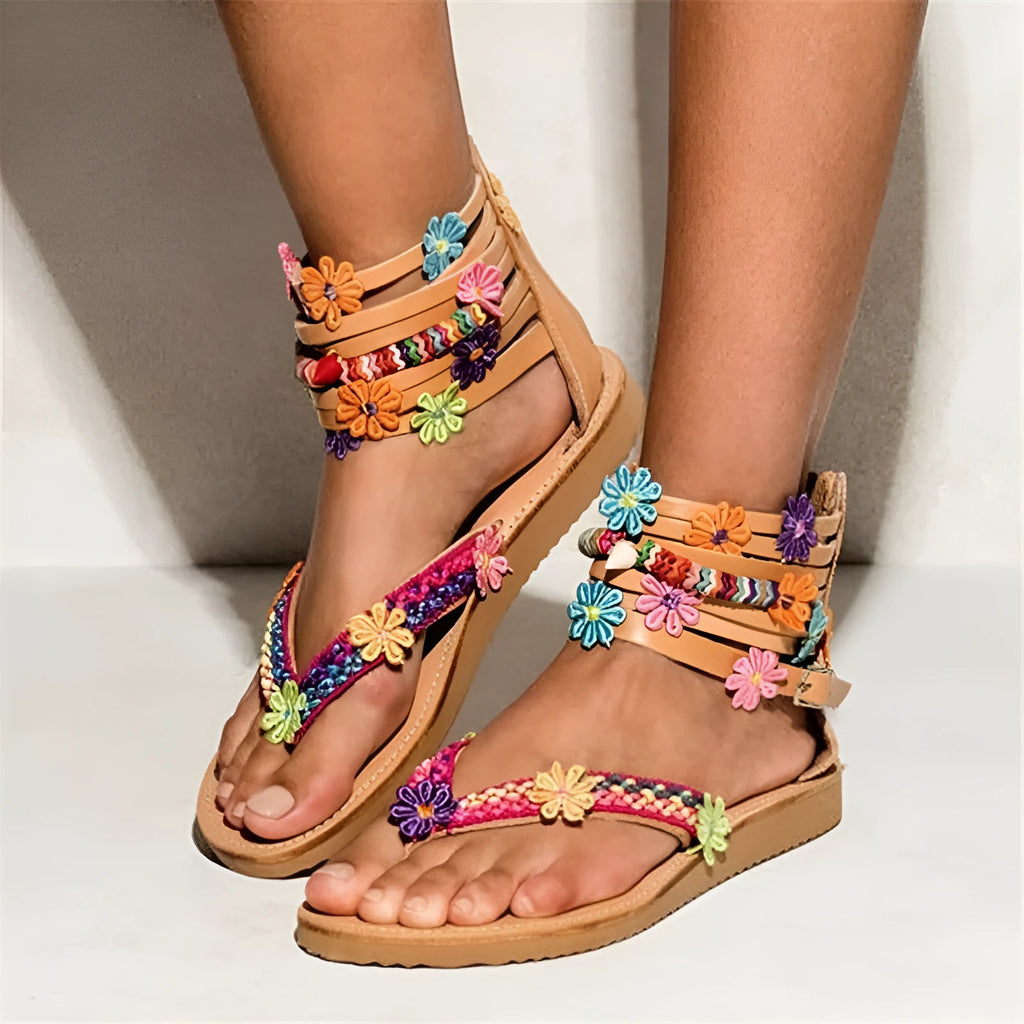 Women's ethnic style Roman sandals with beaded petal decoration and floral elements on PU upper