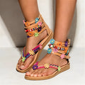 Women's ethnic style Roman sandals with beaded petal decoration and floral elements on PU upper