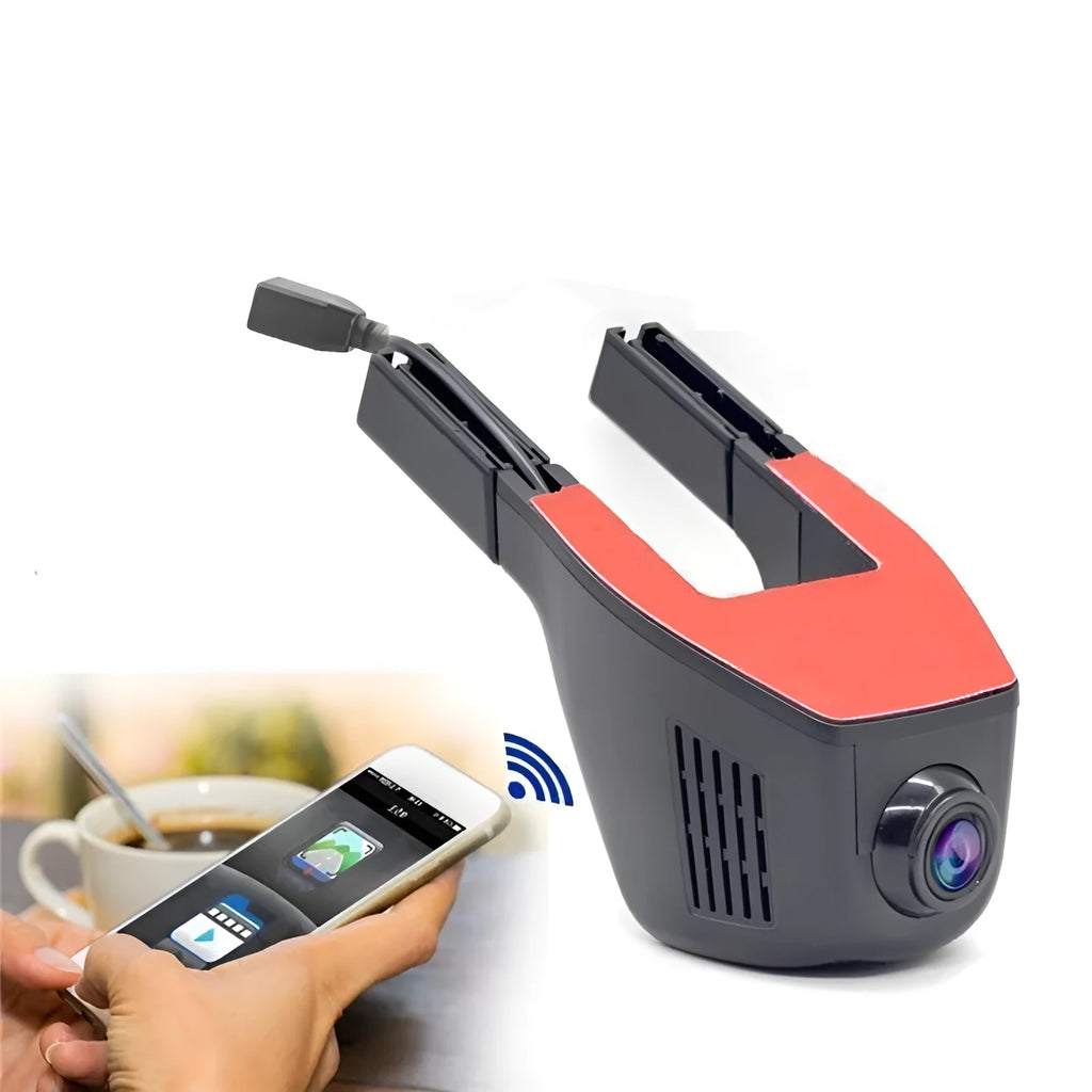 HD 1080P WiFi dash cam with night vision, 140-degree lens, black screenless body, parking monitoring