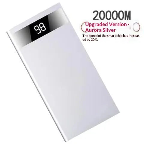 Ultra-thin 20000mAh alloy power bank in Aurora Silver with USB cable, showing power display