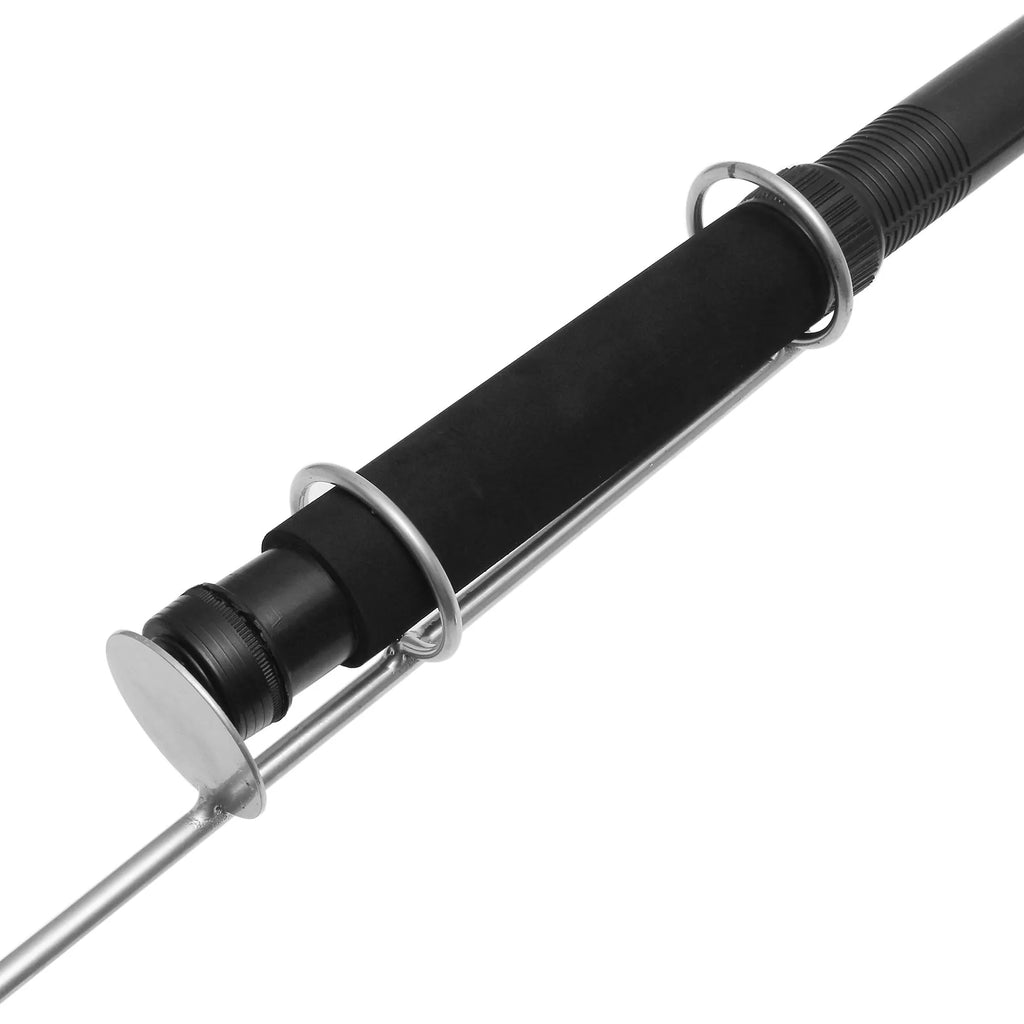 LED fishing rod light with telescopic pole extended, showing remote control and 12V power connection