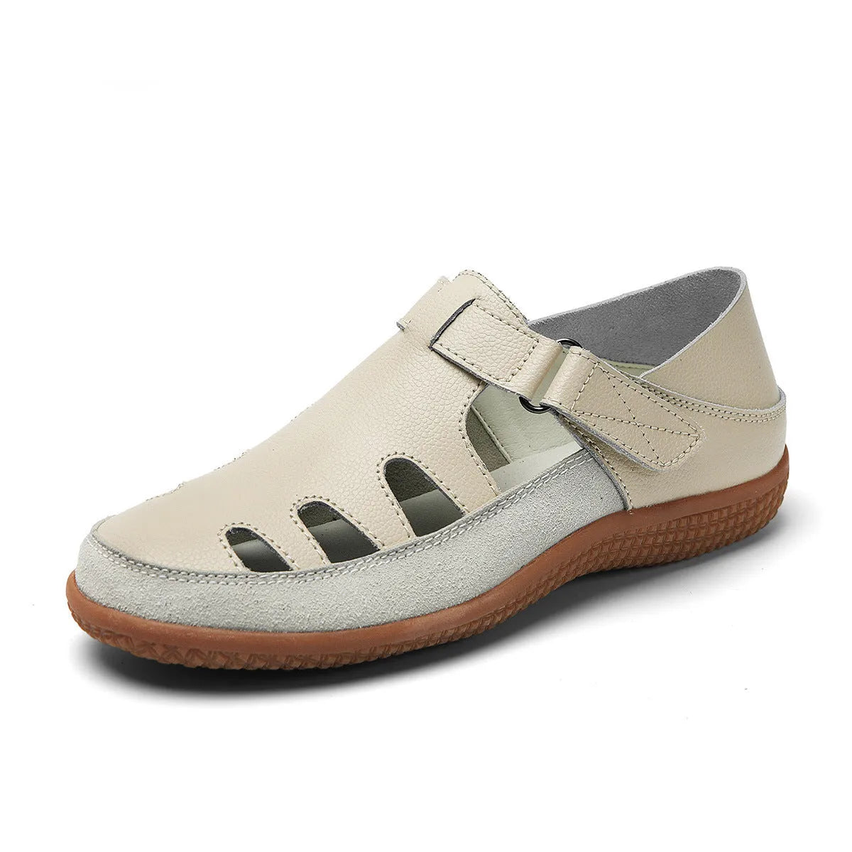 Women's plus size flat heel sandals with hollow toe cap in blue, red, or white on a thick rubber sole.
