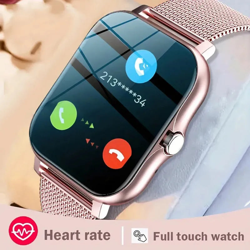 Smart watch with 144-inch touch screen showing heart rate display and Bluetooth calling interface