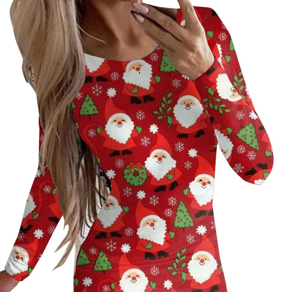 Women's red Christmas print narrow dress with animal pattern, round neck, long sleeves