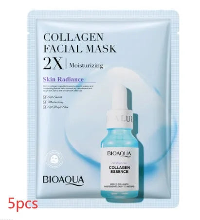 Collagen and Hyaluronic Acid facial sheet mask set with 30g gel formula on white background