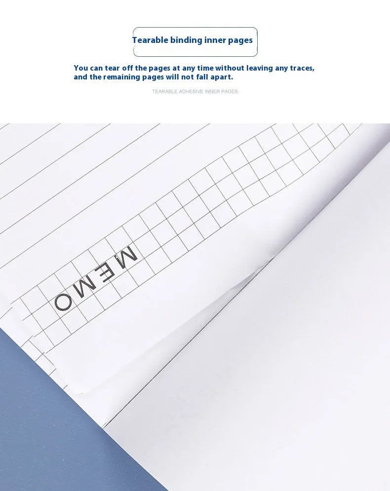 A4 tearable notebook with grid-lined ivory paper and a paper cover, showing wireless adhesive binding