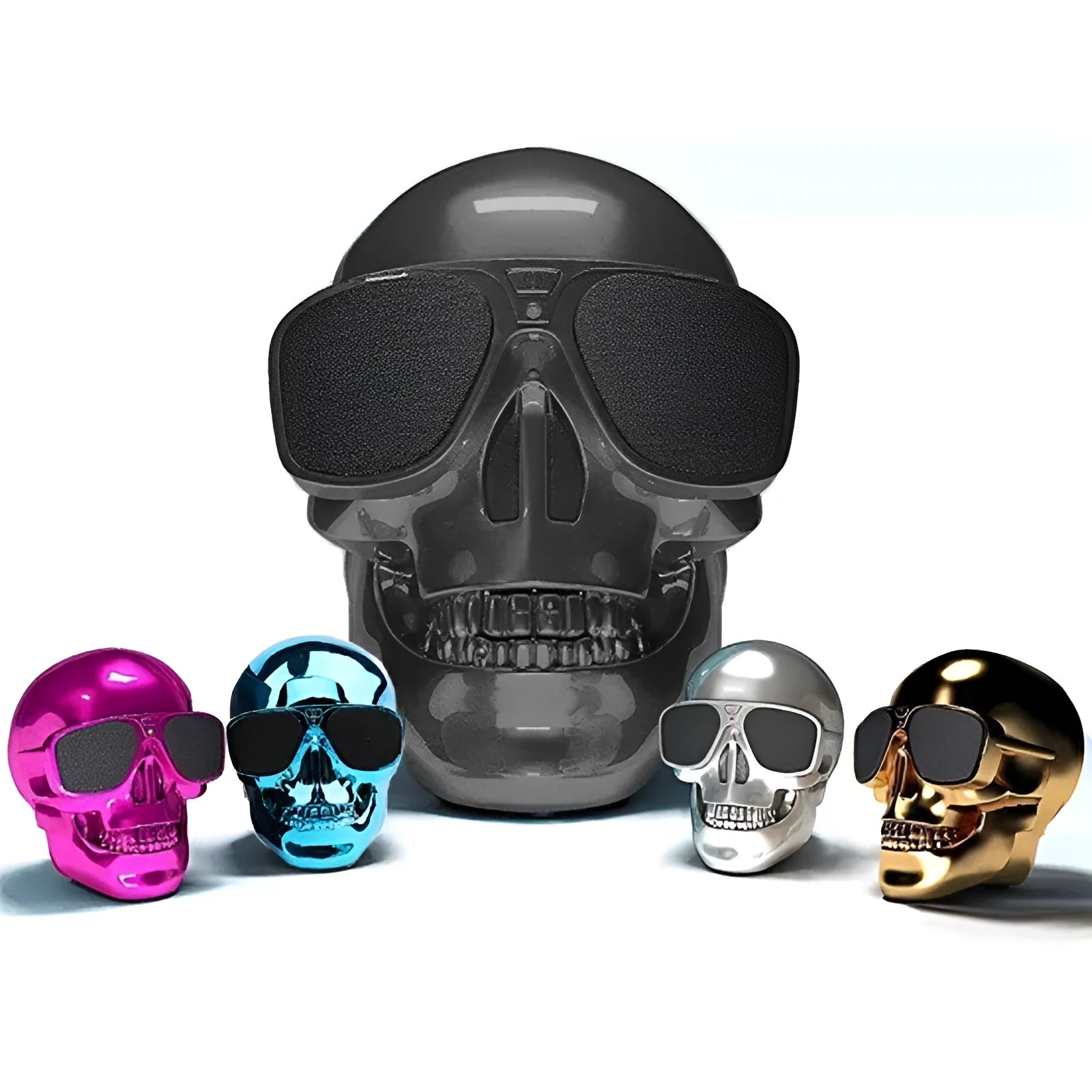Skull-shaped wireless Bluetooth speaker with 10-hour battery in black, blue, gold, matte black, rose gold, or silver colours