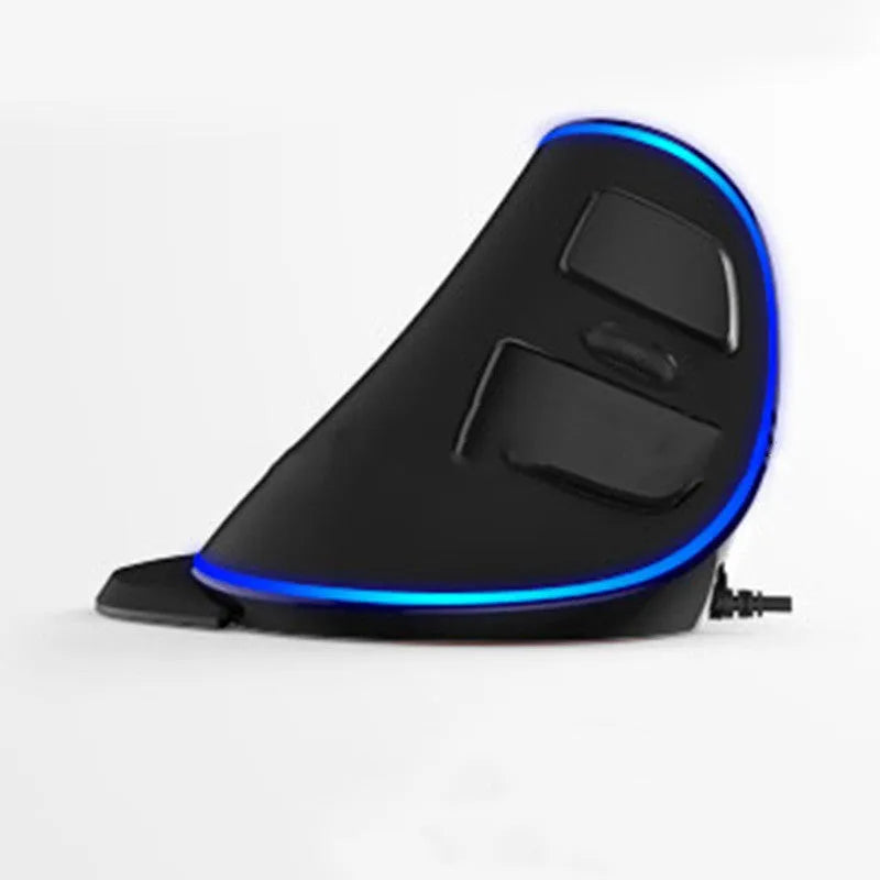 Black vertical ergonomic computer mouse with RGB lighting effects, shown with a USB cable.