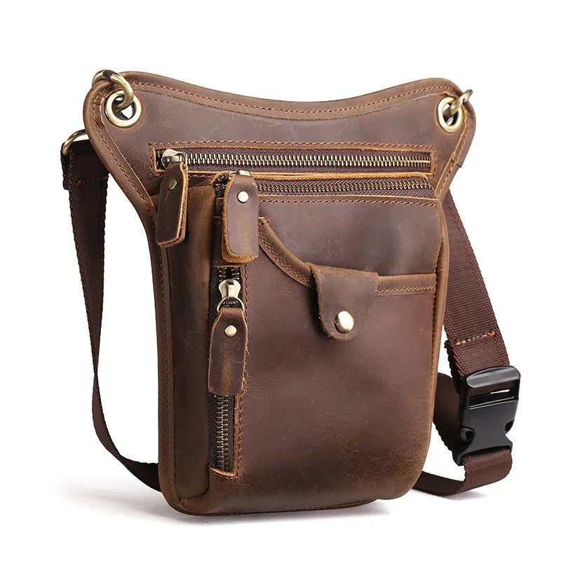 Retro brown crazy horse leather satchel bag for men with flap closure.