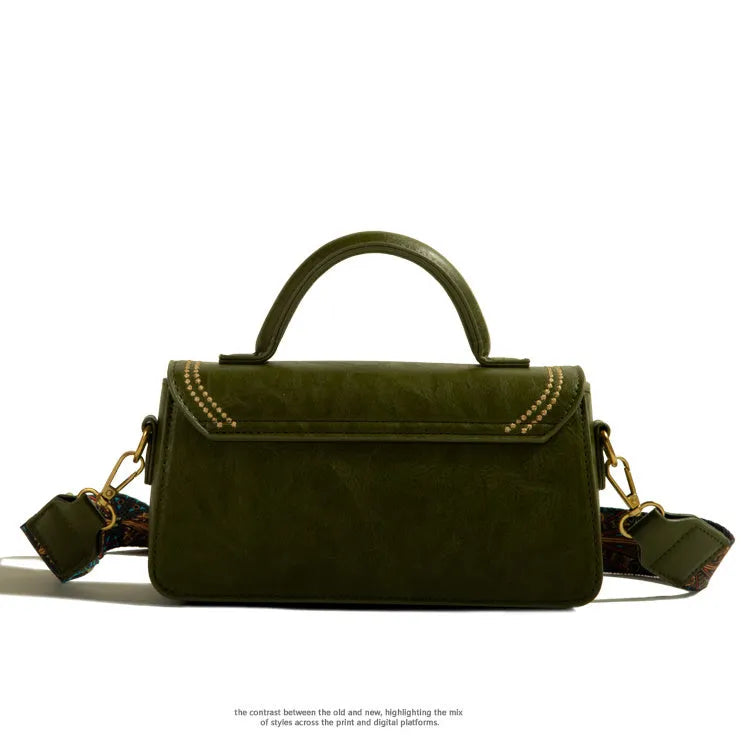 Brown retro messenger bag with square vertical shape showing mobile phone and file compartments