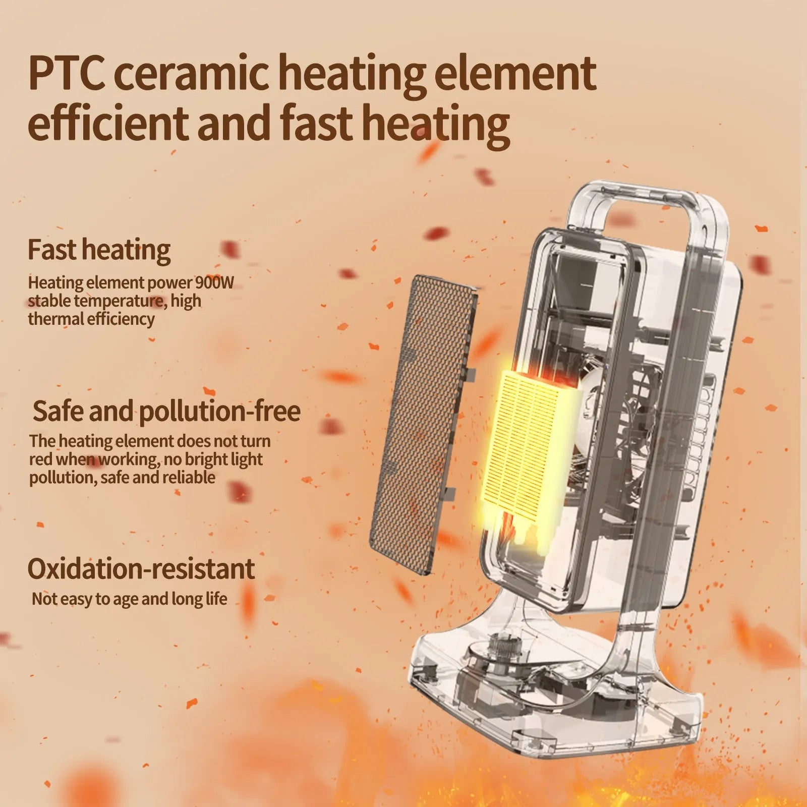 Black HQ-500A desktop PTC ceramic heater with control knob on a wooden desk.